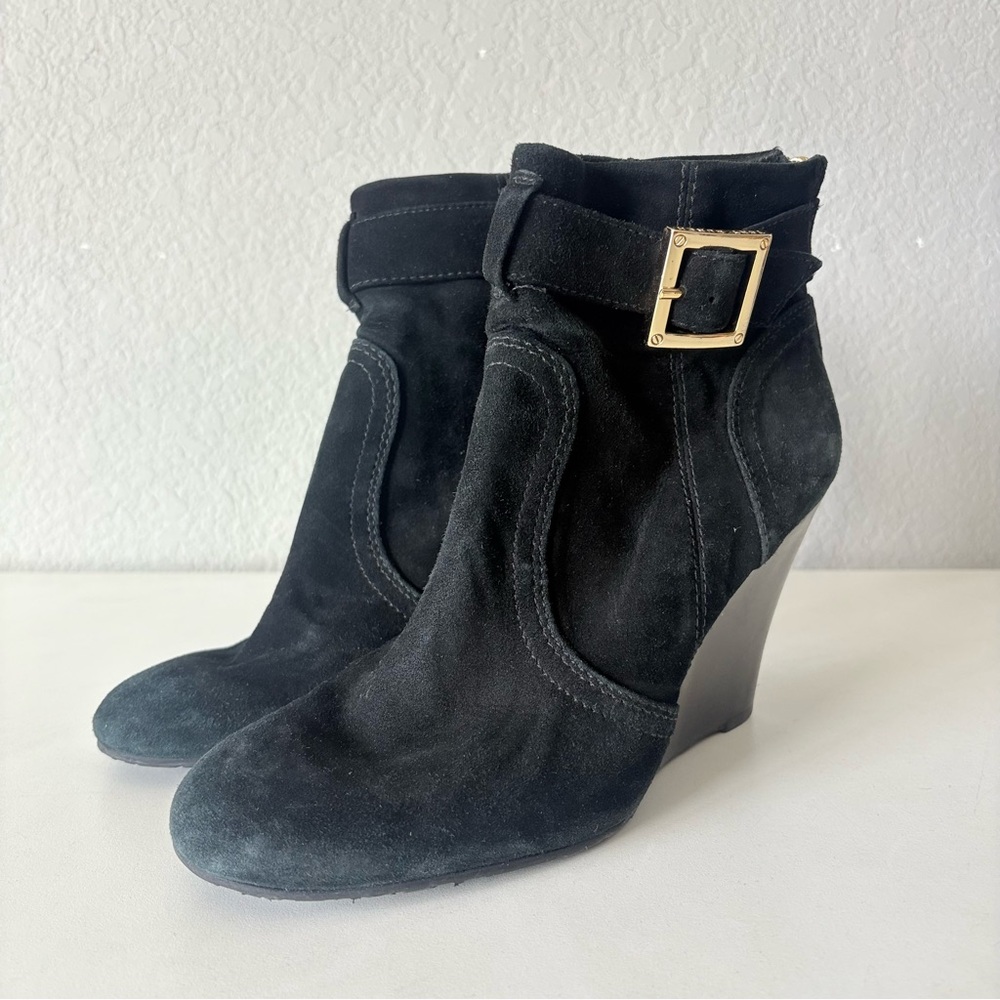 Tory Burch Black Suede Leather Wedge Ankle Boots Zip High Heels Women’s Size 9 M